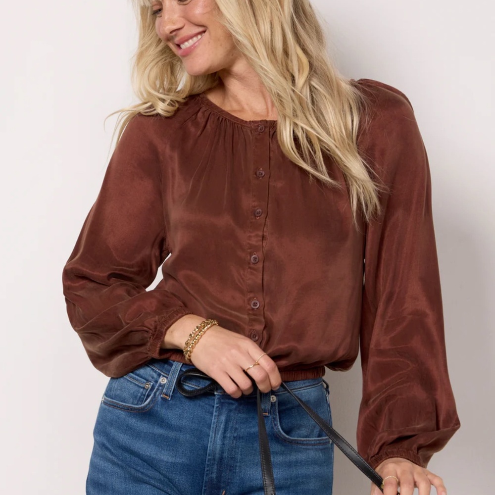 Cloth & Stone Shirred Button Front Blouse Mahogany Brown size S
